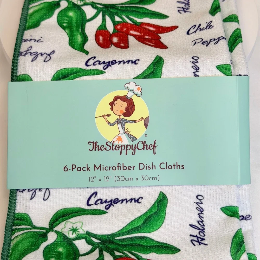 The Sloppy Chef 6-Pack Microfiber Dish Cloths Chili Pepper Print 12x12 New